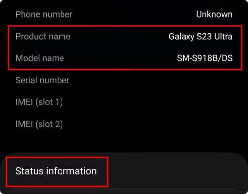 3. Smelltu á "Status Information" til að finna upplýsingar um símann þinn